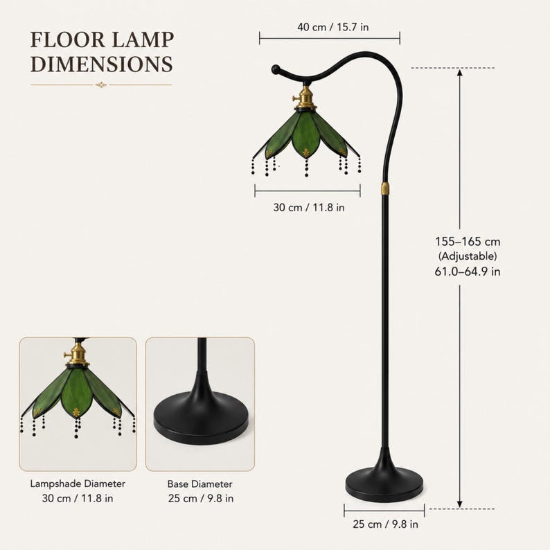 Elegant Crescent Curved Arm Floor Lamp with Handmade Green Stained Glass Shade and Antique Brass Hardware