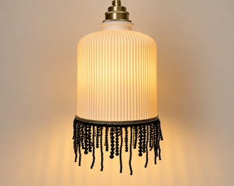 White Ceramic Pendant Light with Black Beaded Fringe, Vintage Style Plug-In Lamp for Bedside or Kitchen Island