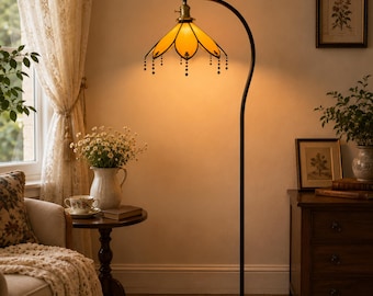 Amber Stained Glass Floor Lamp, Vintage Reading Nook Lamp for Bedroom Corner, Living Room