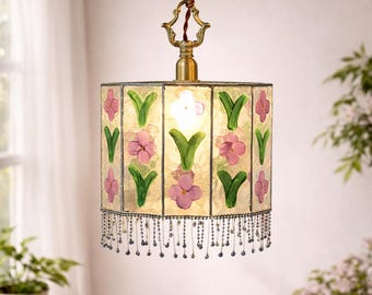 Floral Art Handmade Stained Glass Pendant Light Plug-In Hanging Lamp