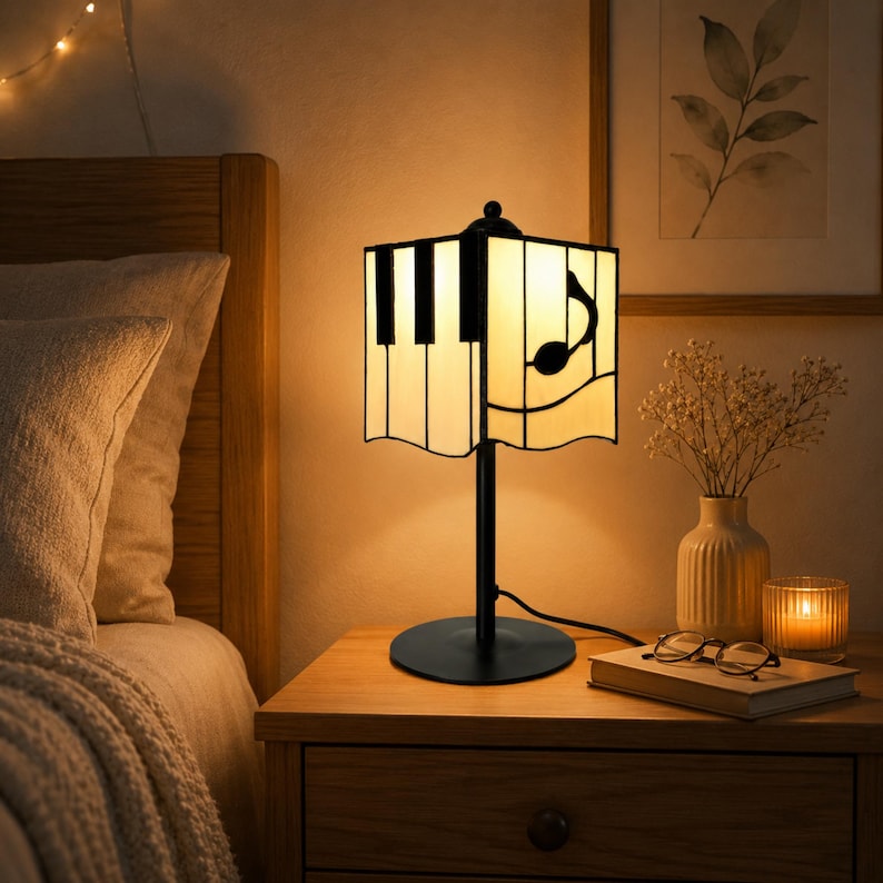 Bedside table scene with piano stained glass lamp creating a soft warm glow for nightstand decor