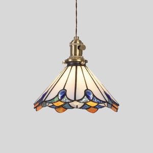 ffany Style Pendant Light – Blue & Amber Stained Glass Shade, Brass Fixture, Adjustable Hanging Ceiling Lamp PL2533