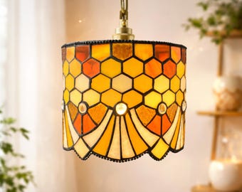 Amber Honeycomb Stained Glass Pendant Light, Handmade Vintage Style Hanging Lamp