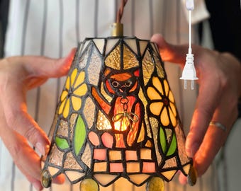 Handmade Bear Stained Glass Pendant Light Plug-In Animal Hanging Light