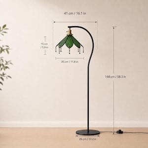 Floor Lamp Dimensions for Crescent Curved Arm Style with Flat Metal Base and Handmade Green Stained Glass Shade