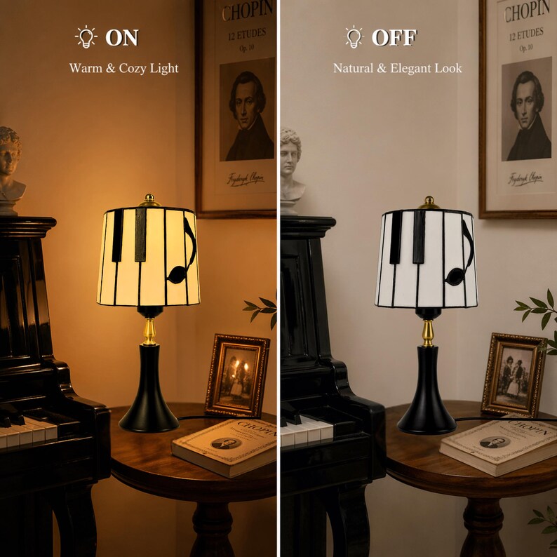 Comparison of the piano stained glass table lamp turned on and off, showing warm glow and natural white glass color.