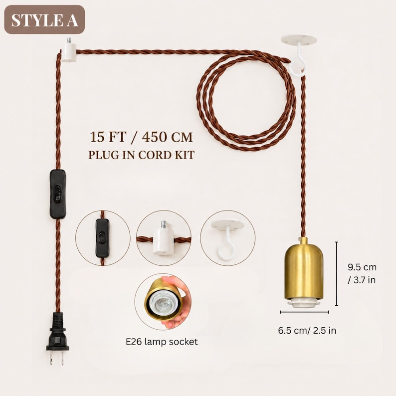 Style A 15 ft plug-in pendant cord kit with inline switch, ceiling hooks and rounded brushed-brass E26 lamp holder.