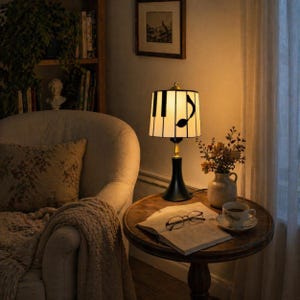 Music note stained glass table lamp glowing on a wooden side table in a cozy reading nook with books and armchair.