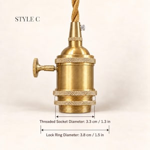 Style C brass E26 lamp socket with rotary switch and gold braided cord, featuring a 3.3 cm threaded socket and 3.8 cm lock ring.