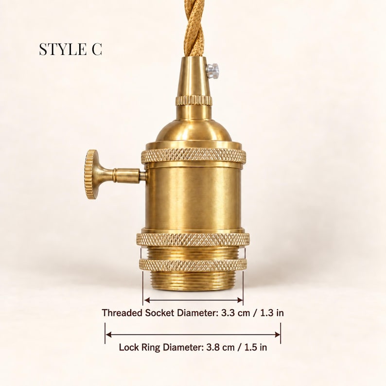 Style C brass E26 lamp socket with rotary switch and gold braided cord, featuring a 3.3 cm threaded socket and 3.8 cm lock ring.