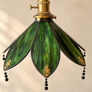 Decorative Black Beaded Tassels on Handmade Green Stained Glass Floor Lamp with Vintage Brass Hardware