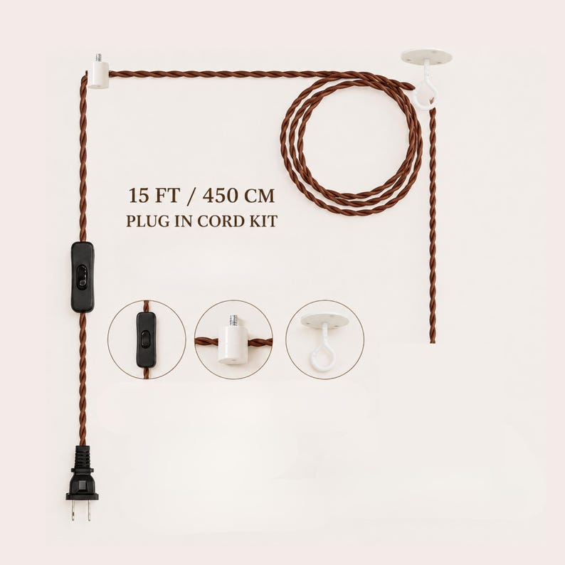 15 ft plug-in lamp cord with US plug, inline on-off switch, cable hook and ceiling hook, shown without a lamp holder.