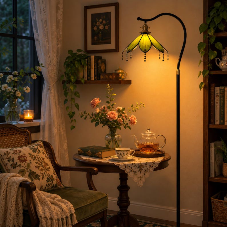 Botanical stained glass floor lamp decorating a cozy tea corner with vintage furniture and warm evening lighting
