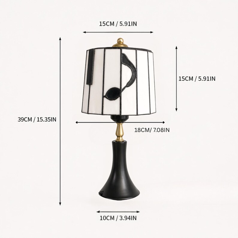 Measurement chart for piano stained glass table lamp showing height, shade diameter, shade height, and base diameter.