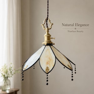 Cream Glass Plug In Pendant Light with Floral Shade and Vintage Beaded Fringe