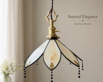 Cream Stained Glass Plug-In Pendant Light, Flower Shade with Black Bead Fringe