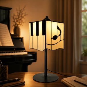 Piano themed stained glass table lamp with warm glow for music room decor