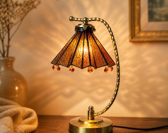 Amber Stained Glass Table Lamp for Reading Nook, Vintage Brass Bedside Lamp, Graduation Gift