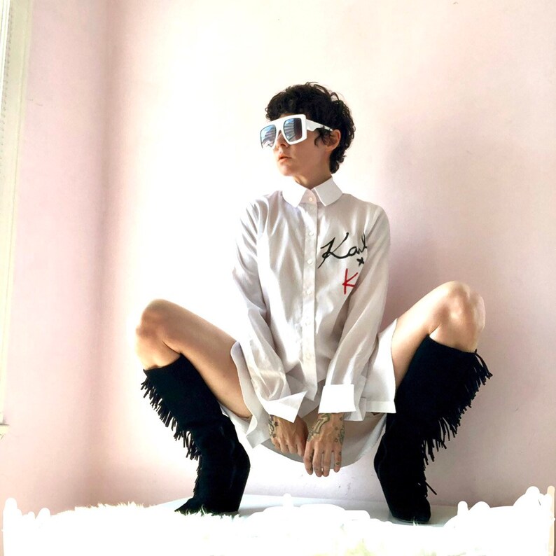 Karl Lagerfeld oversized white shirt dress collab with Kaia Berger