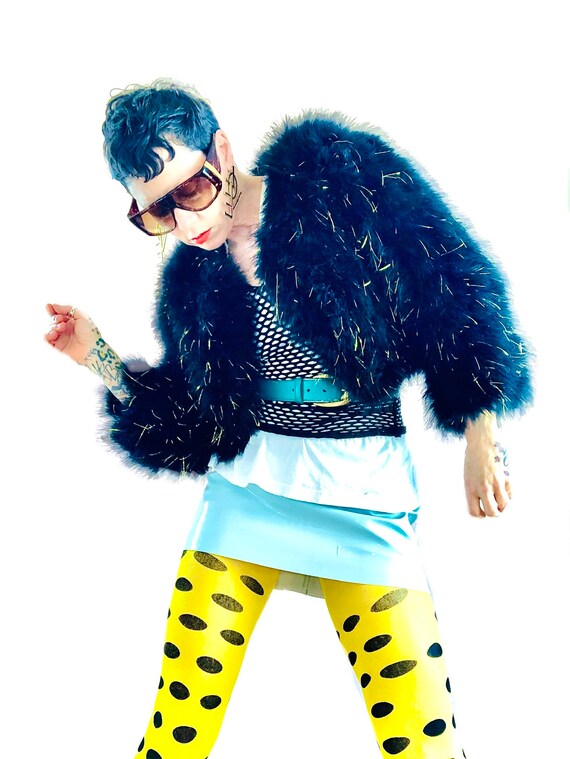 vintage 80s cropped black marabou feather and gold