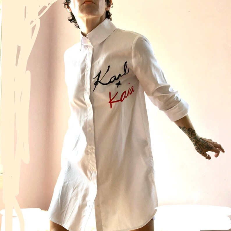 Karl Lagerfeld oversized white shirt dress collab with Kaia Berger