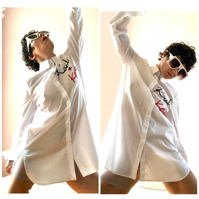 Karl Lagerfeld oversized white shirt dress collab with Kaia Berger