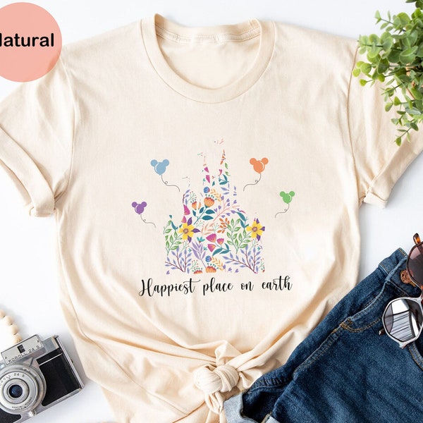 Happiest Place On Earth Shirt, Disney Castle Floral T-Shirt, Disneyland Shirt, Disney World Shirt, Vintage Disney Shirt, Magic Kingdom Shirt