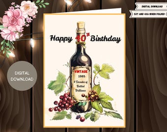 Peut inclure: Une carte de téléchargement numérique avec une illustration de bouteille de vin vintage. La bouteille est étiquetée "Vintage 1985" et "4 Decades of Bottled Brilliance". La carte dit "Happy 40th Birthday".