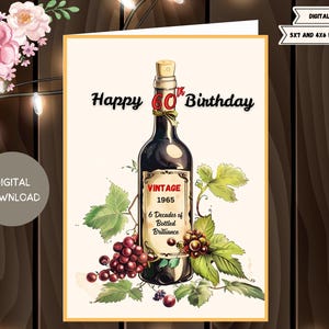 Digitale Geburtstagskarte Happy 60th - Vintage Wein - Geburtstagskarte zum Ausdrucken für Sie, Ihn, Frau, Mann, Papa, Opa, Freunde, Kollegen in 13x18, 15x18.