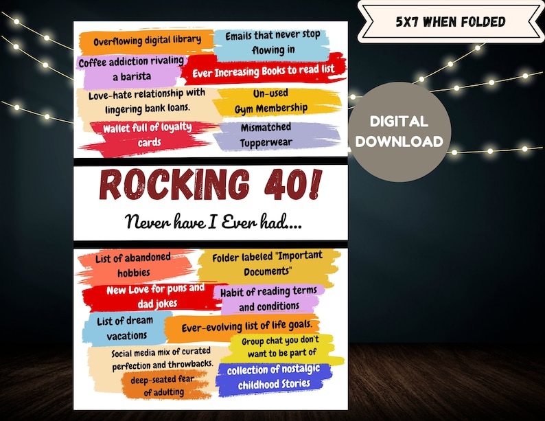 Digital Funny Happy 40th Birthday Card, Never Have I Ever, Card for Him