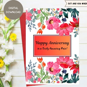Happy Jubiläum Karte - Blumen und Lebendige Wünsche für Familie, Kollegen, Kollege, Freund in 5x7 und 4x6 Größen. Sofortiger Digitaldruck.