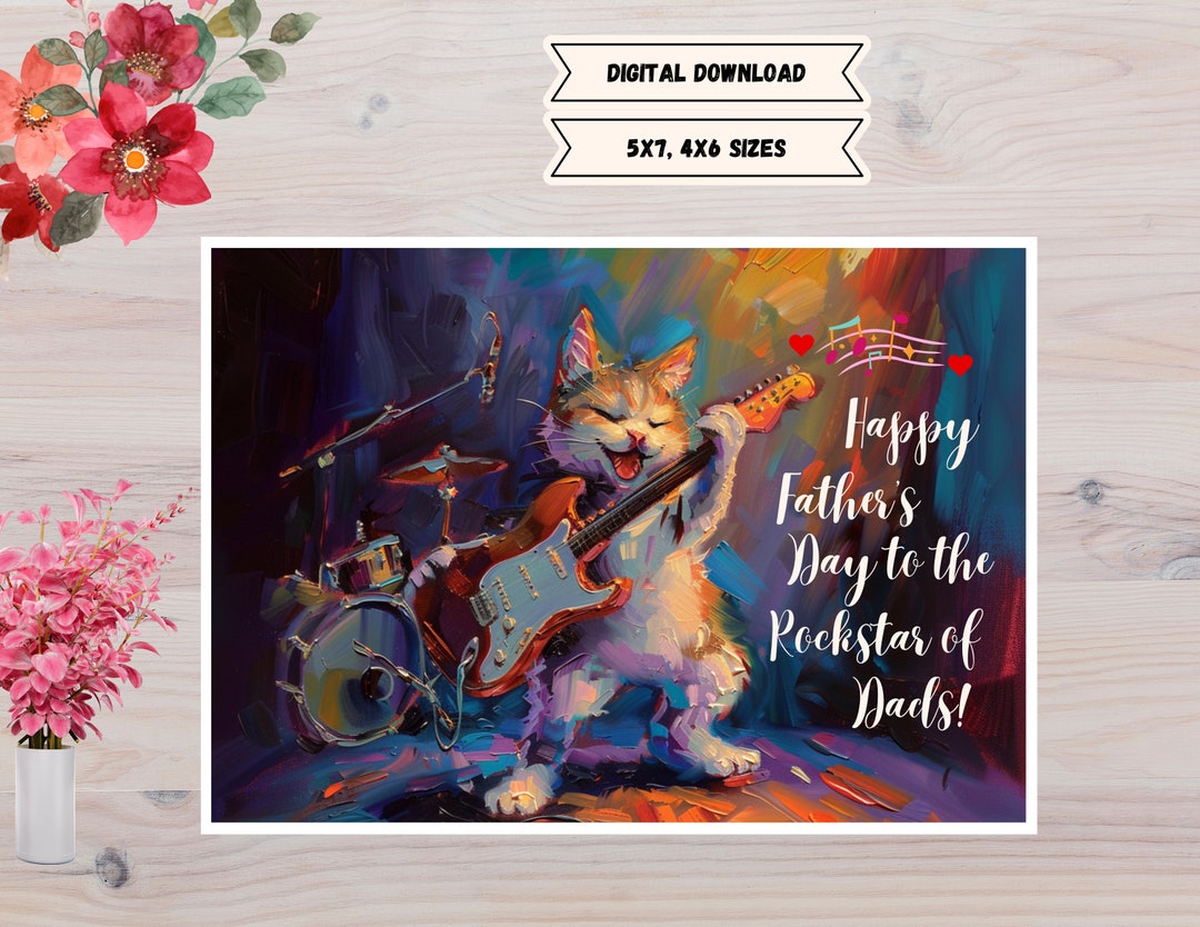 Happy Fathers Day Cat Playing Guitar Rockstar Dad Printable Card in 5x7 ...