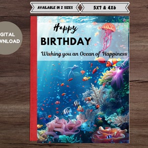 Tarjeta digital de feliz cumpleaños, imprimible al instante, con deseos oceánicos para mamá, papá, hermana, colega, él, amigos u otros. Plantilla de sobre.