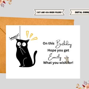 Carte de voeux drôle de chat et d'araignée de joyeux anniversaire, carte numérique imprimable pour la famille et les amis. Manifestez vos souhaits. En formats 5 x 7 et 4 x 6