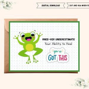 Carte drôle de grenouille sautante de chirurgie du genou. Guérissez bientôt ou pensez à vous dans les formats 5 x 7 et 4 x 6. Récupération d'une blessure sportive Message d'accueil numérique.