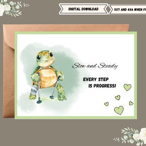 Carte de chirurgie du genou pour souhaiter un bon rétablissement ou penser à vous en formats 5 x 7 et 4 x 6. Funny Turtle se remet d'une opération. Message d'accueil numérique.