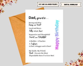 Peut inclure: Une carte de vœux pliée avec le texte "Dad, you are..." et une liste d'attributs positifs. La carte est blanche avec un message "Happy Birthday" en dégradé. Une enveloppe est incluse, et le design est un téléchargement numérique.