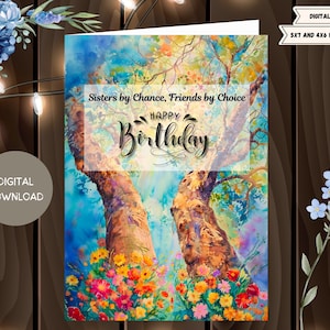 Digitale Happy Birthday Sister Serene Card - prachtige groene bomen, afdrukbare bloemenkaart voor zus, Sissy in 5 x 7 en 4 x 6.