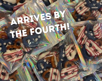 Chocolate Covered Pretzels – Red White and Blue 4th of July Snacks – Star Sprinkles Party Favor – USA Treat Bag – Independence Day Gift