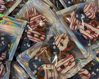 Chocolate Covered Pretzels – Red White and Blue 4th of July Snacks – Star Sprinkles Party Favor – USA Treat Bag – Independence Day Gift