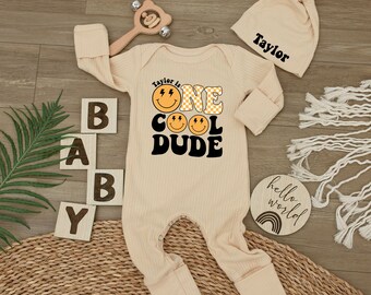 One Cool Dude Baby bodysuit and hat set, Smiley Face Birthday Outfit, Baby Shower Gift, Gift For Baby Boy, Newborn Gift, Baby Boy Clothes