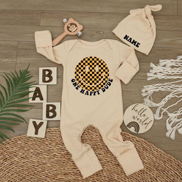 One Happy Dude Baby bodysuit and hat set, Announcement Baby Bodysuit, Cool Baby Boy Outfit, Infant Bodysuit, Baby Shower Gift, Smiley face