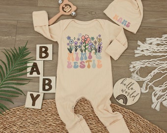 Mimi's Bestie Wildflowers Baby bodysuit and hat set, Coming Home, Baby Announcement Bodysuit, Baby Shower Gift,Floral Mimi's Bestie Bodysuit