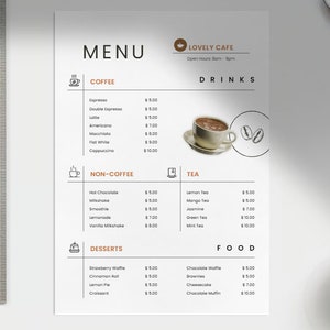 Modello di menu della caffetteria, download immediato