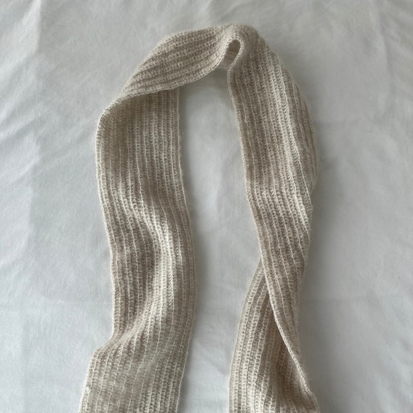 cream mohair crochet scarf, beige handknit wool scarf, white dainty lightweight scarf