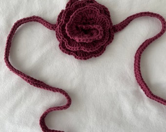 crochet rose choker, crochet flower necklace, knit cord tie corsage, purple, dainty, handmade, 3D necktie