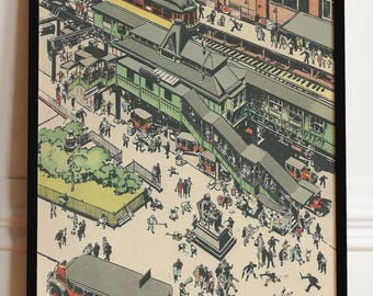 Sztuka vintage z Nowego Jorku — pociąg El Train z Greeley Square z lat 20. XX wieku — dekoracja ścienna w Nowym Jorku
