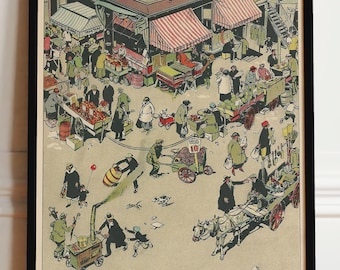 Vintage nowojorski wydruk artystyczny — Lower East Side Market z lat 20. XX wieku — dekoracja ścienna w Nowym Jorku