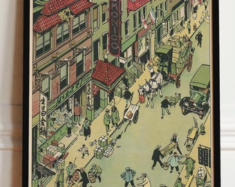 Sztuka vintage z Nowego Jorku – scena uliczna Chinatown z lat 20. XX wieku – dekoracja ścienna z Nowego Jorku