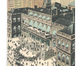 Vintage New York City Hall Print – 1920s NYC Illustration Poster – Historic Manhattan Wall Art